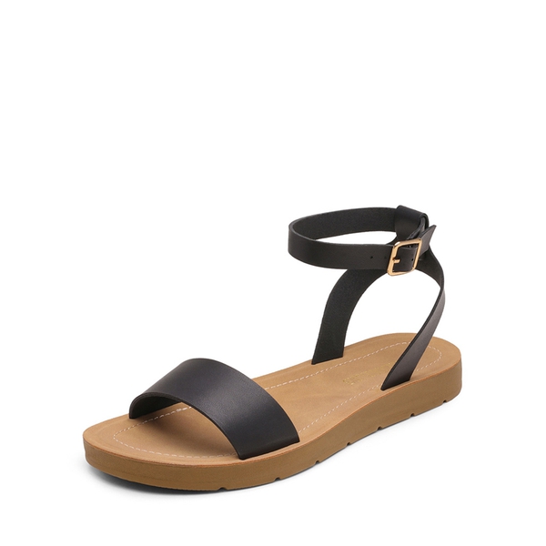 Ankle Strap Flat Buckle Sandals - BLACK PU -  0